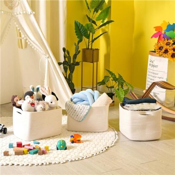 Woven Cotton Rope Storage Baskets for Shelves Nursery Toys Books Towels Set 3 - Picture 6 of 7